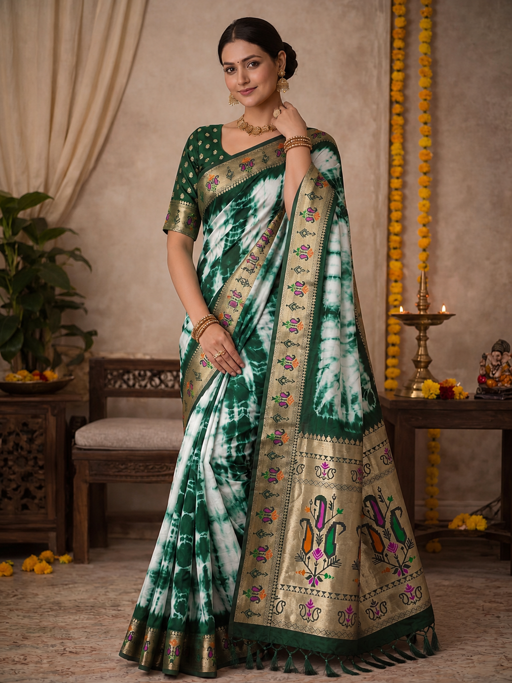 Paithani Silk Sibori Tie-Dye Saree with Minakari Border