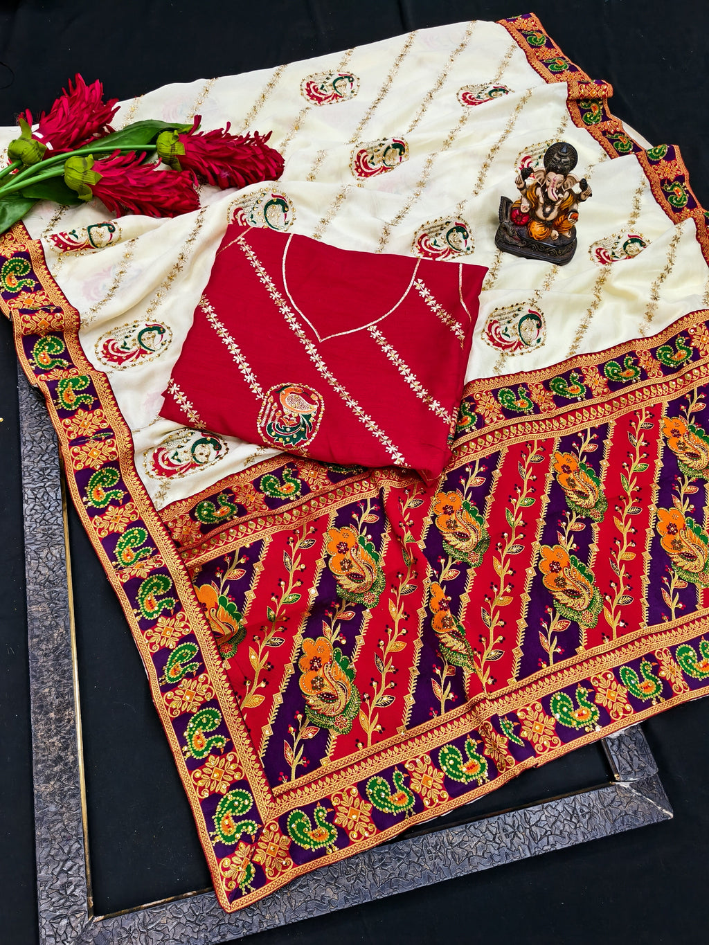 Dola Silk Saree with Diamond Work and Jacquard Border