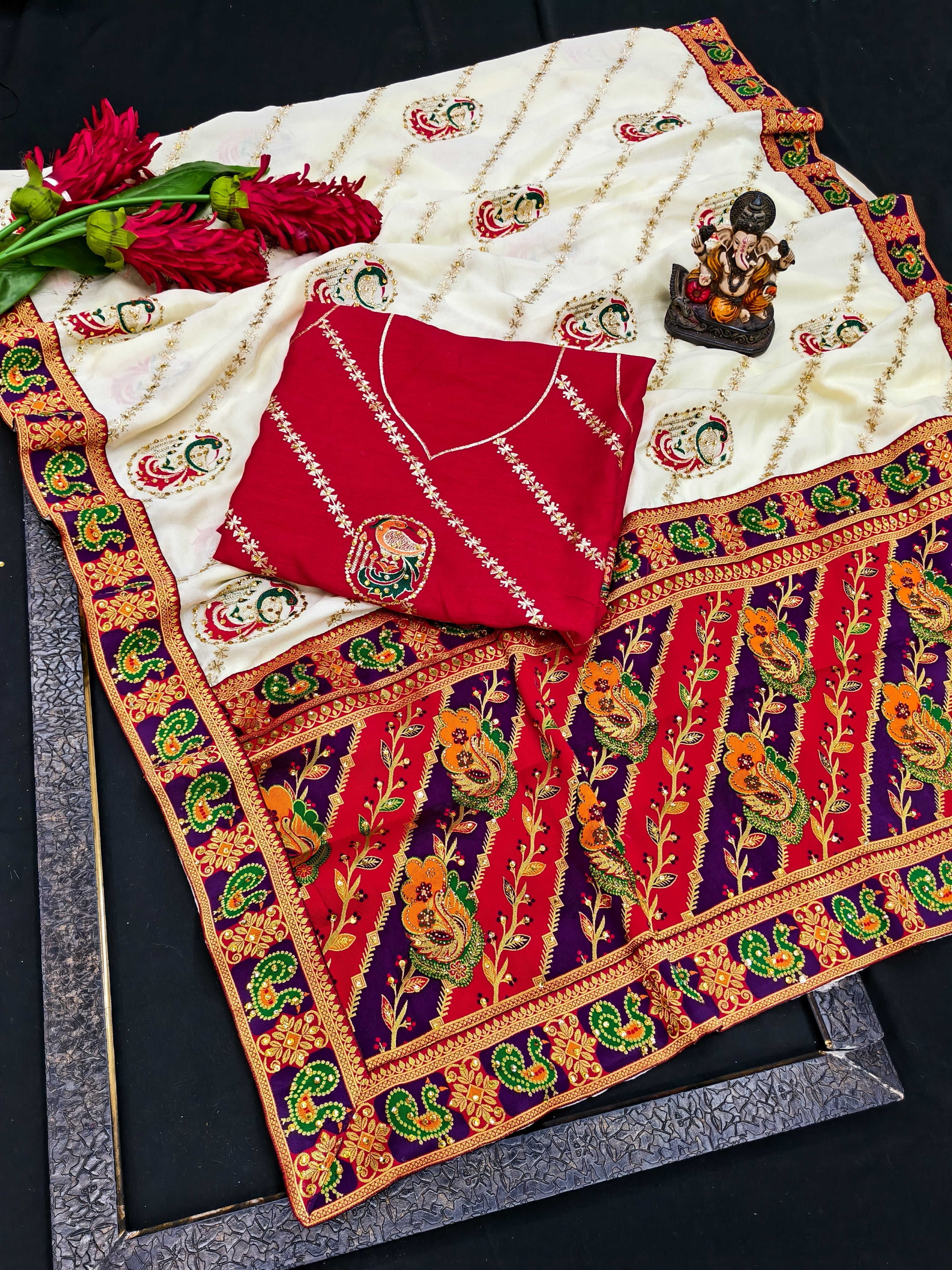 Dola Silk Saree with Diamond Work and Jacquard Border