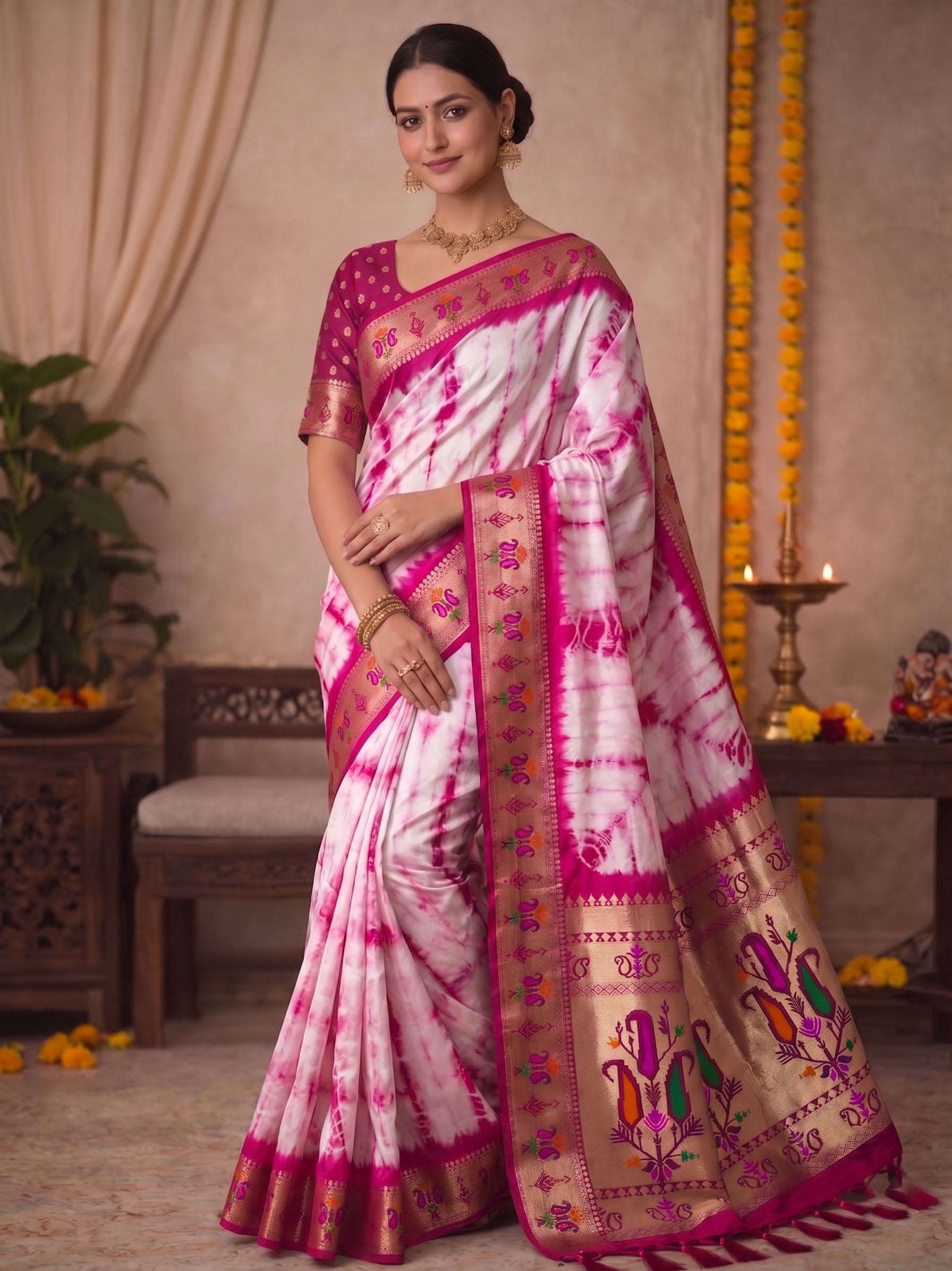 Paithani Silk Sibori Tie-Dye Saree with Minakari Border Secondary image