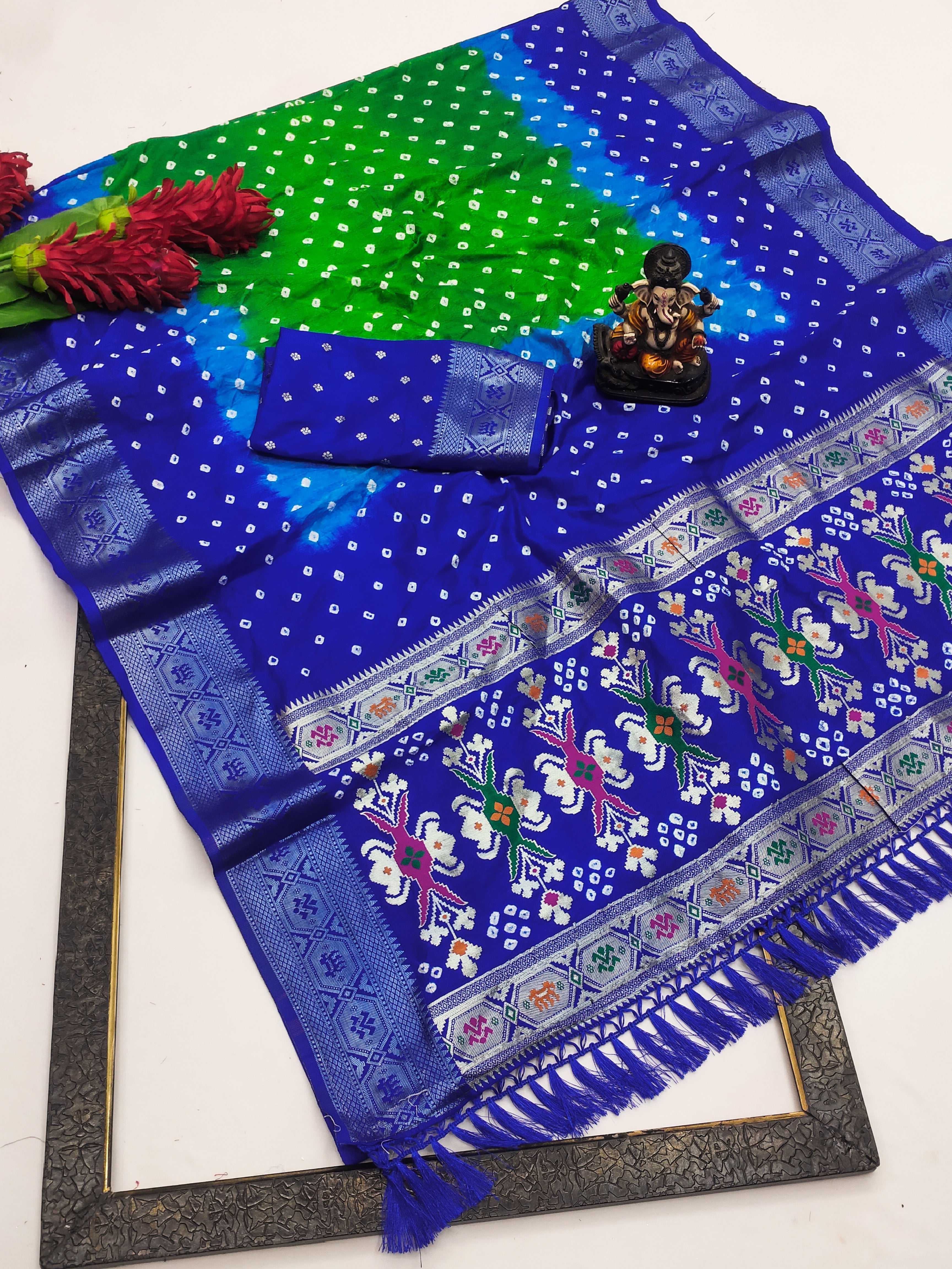 Soft Silk Multicolour Bandhej Saree with Woven Border
