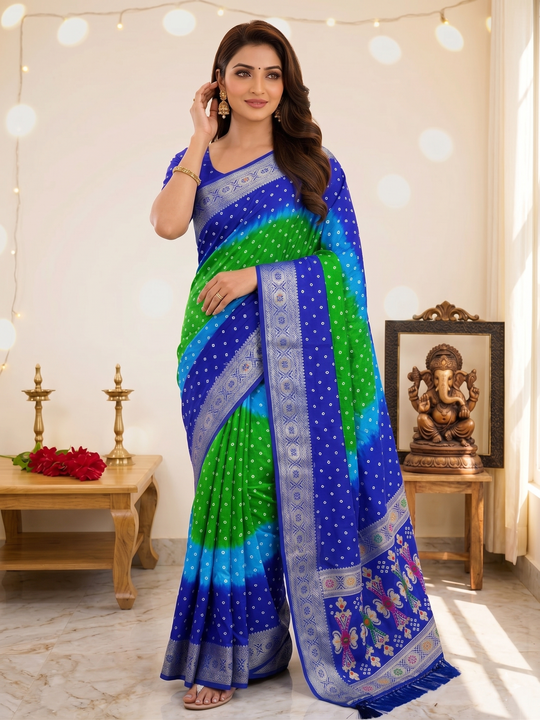 Soft Silk Multicolour Bandhej Saree with Woven Border Secondary image