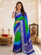Soft Silk Multicolour Bandhej Saree with Woven Border