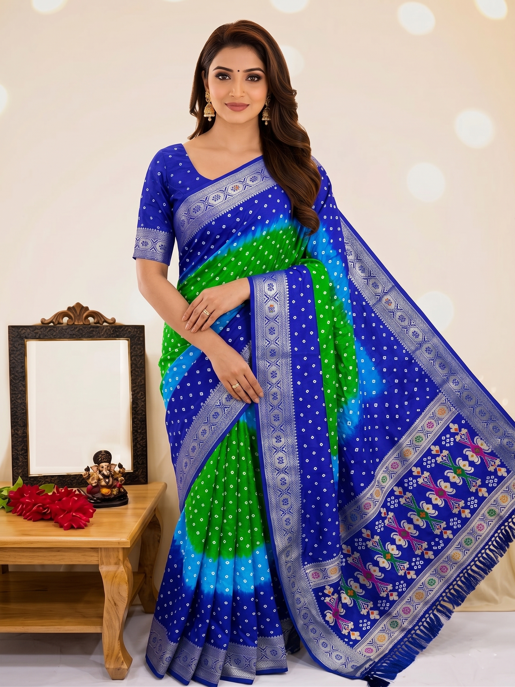 Soft Silk Multicolour Bandhej Saree with Woven Border