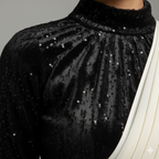 Cream Georgette Saree with Black Sparkle Velvet Blouse | Elegant Contrast Saree with Subtle Glamour