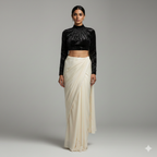 Cream Georgette Saree with Black Sparkle Velvet Blouse | Elegant Contrast Saree with Subtle Glamour