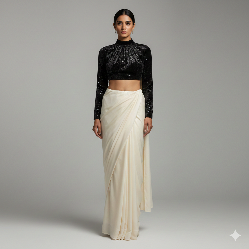 Cream Georgette Saree with Black Sparkle Velvet Blouse | Elegant Contrast Saree with Subtle Glamour