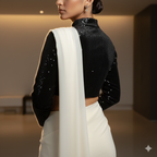 Cream Georgette Saree with Black Sparkle Velvet Blouse | Elegant Contrast Saree with Subtle Glamour