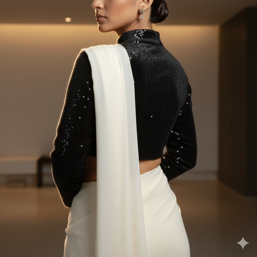 Cream Georgette Saree with Black Sparkle Velvet Blouse | Elegant Contrast Saree with Subtle Glamour