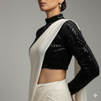 Cream Georgette Saree with Black Sparkle Velvet Blouse | Elegant Contrast Saree with Subtle Glamour