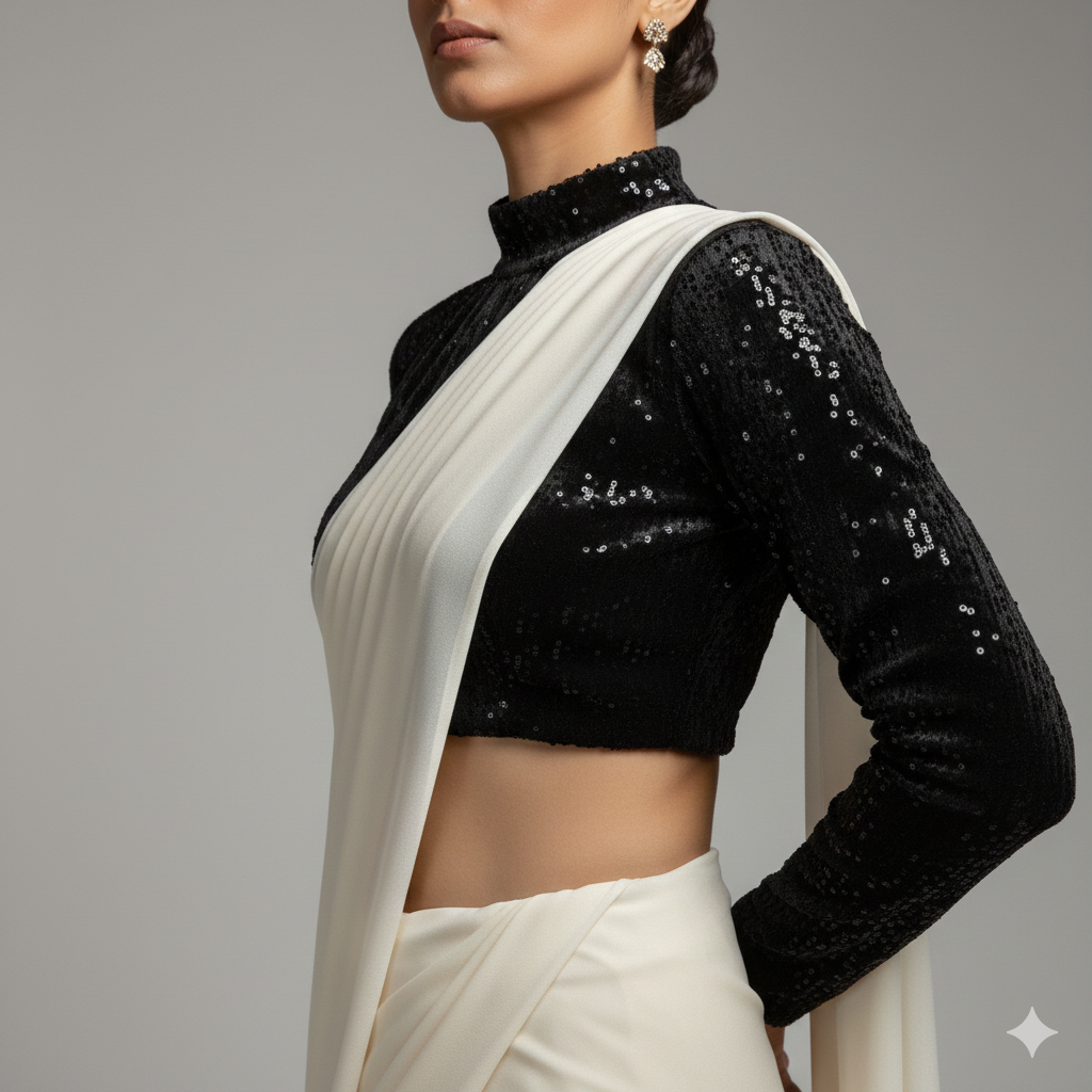 Cream Georgette Saree with Black Sparkle Velvet Blouse | Elegant Contrast Saree with Subtle Glamour