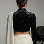 Cream Georgette Saree with Black Sparkle Velvet Blouse | Elegant Contrast Saree with Subtle Glamour
