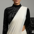 Cream Georgette Saree with Black Sparkle Velvet Blouse | Elegant Contrast Saree with Subtle Glamour