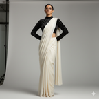 Cream Georgette Saree with Black Sparkle Velvet Blouse | Elegant Contrast Saree with Subtle Glamour