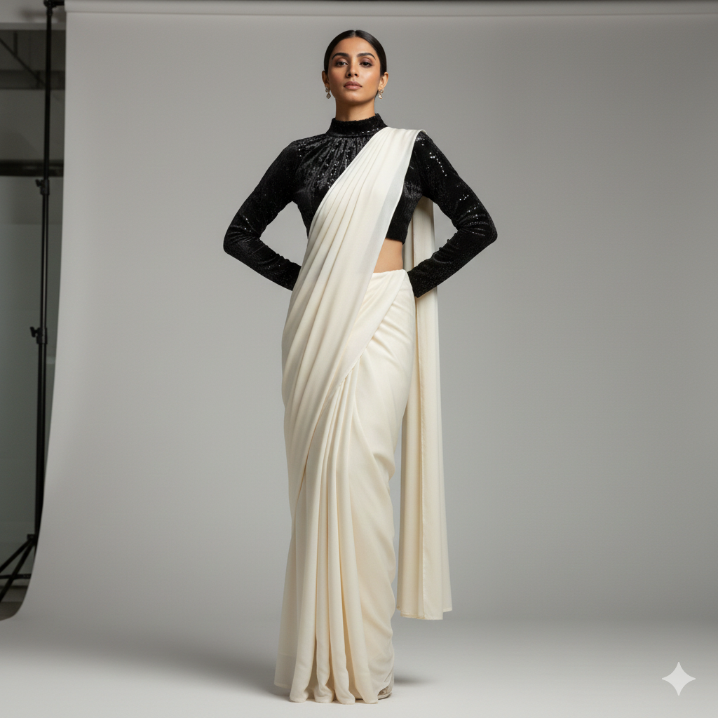 Cream Georgette Saree with Black Sparkle Velvet Blouse | Elegant Contrast Saree with Subtle Glamour