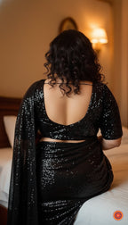 Black Sparkle Georgette Saree with Black Sparkle Velvet Blouse | Glam Party Wear Saree with Shimmer Finish
