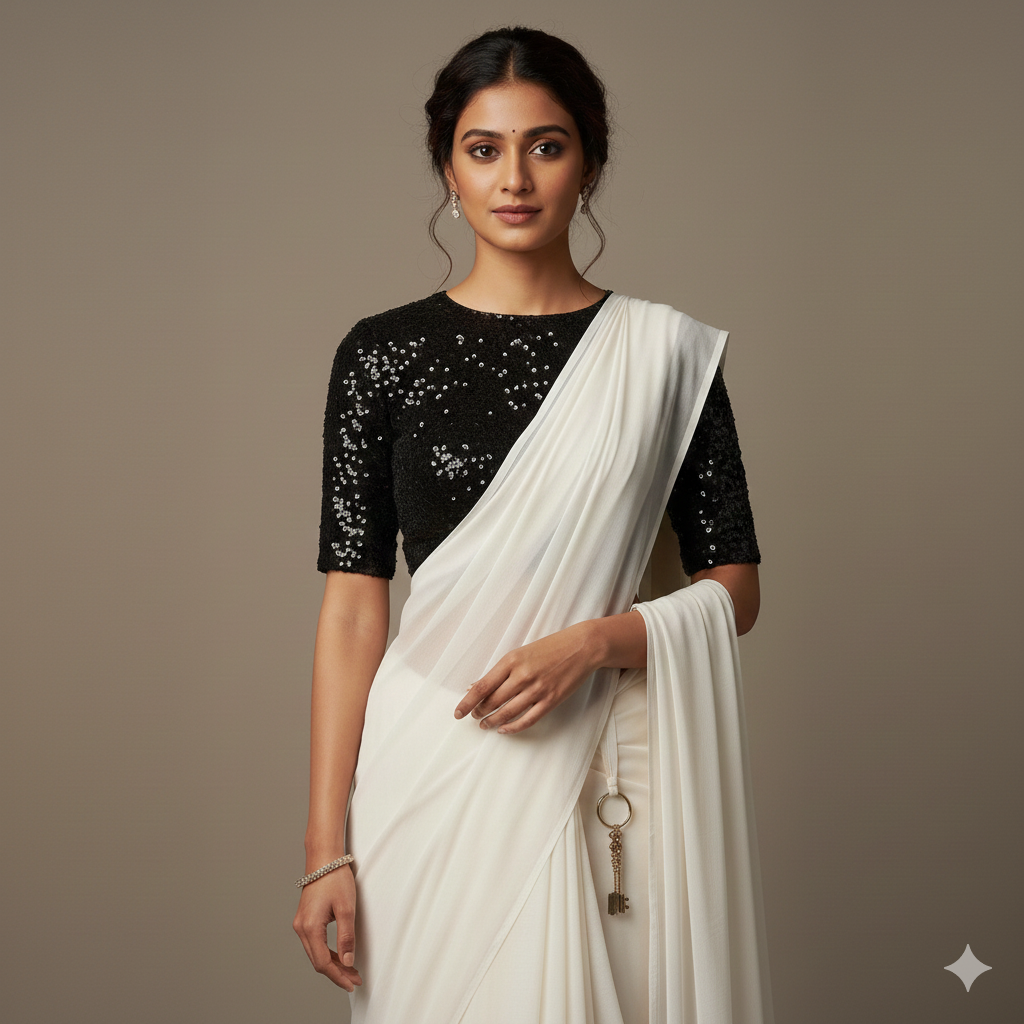 White Georgette Saree With Black Color sequence blouse Secondary image