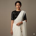 BLACK WWhite Georgette Saree with Black Sparkle Velvet Blouse | Classic Monochrome Saree with Glam TouchHITE SAREE (1)