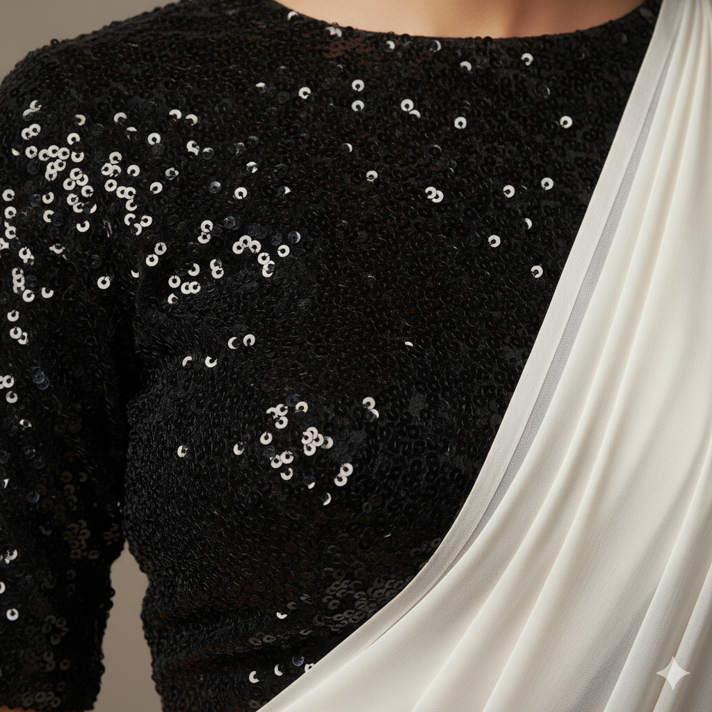 BLACK WWhite Georgette Saree with Black Sparkle Velvet Blouse | Classic Monochrome Saree with Glam TouchHITE SAREE (1)