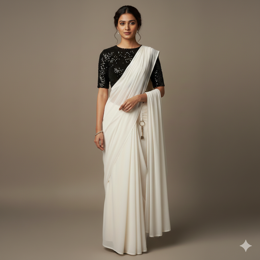 White Georgette Saree With Black Color sequence blouse Main image