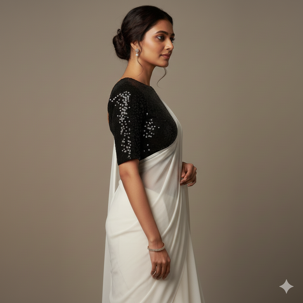 BLACK WWhite Georgette Saree with Black Sparkle Velvet Blouse | Classic Monochrome Saree with Glam TouchHITE SAREE (1)