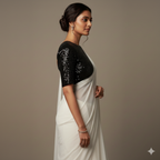 BLACK WWhite Georgette Saree with Black Sparkle Velvet Blouse | Classic Monochrome Saree with Glam TouchHITE SAREE (1)