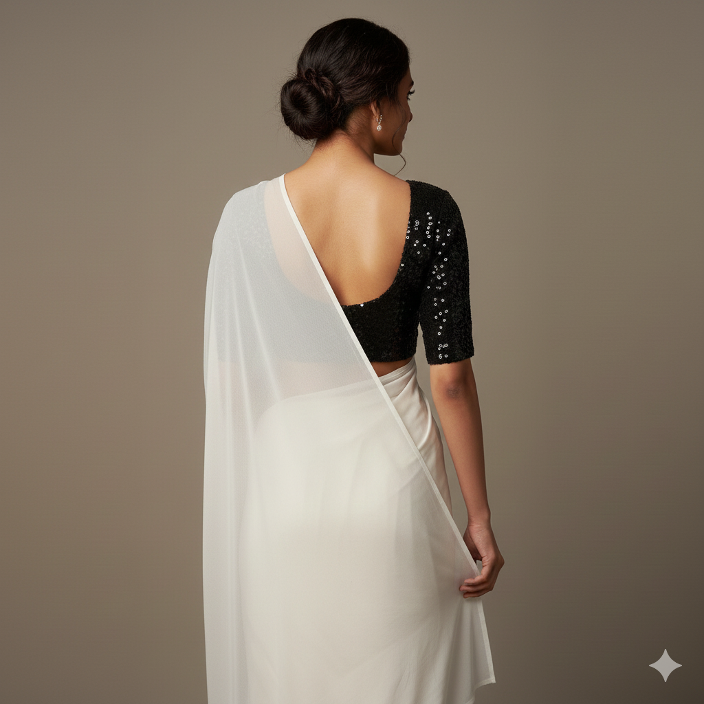 BLACK WWhite Georgette Saree with Black Sparkle Velvet Blouse | Classic Monochrome Saree with Glam TouchHITE SAREE (1)