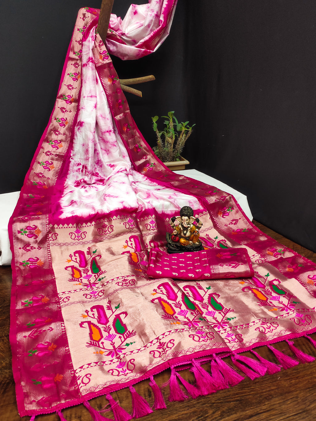 Paithani Silk Sibori Tie-Dye Saree with Minakari Border