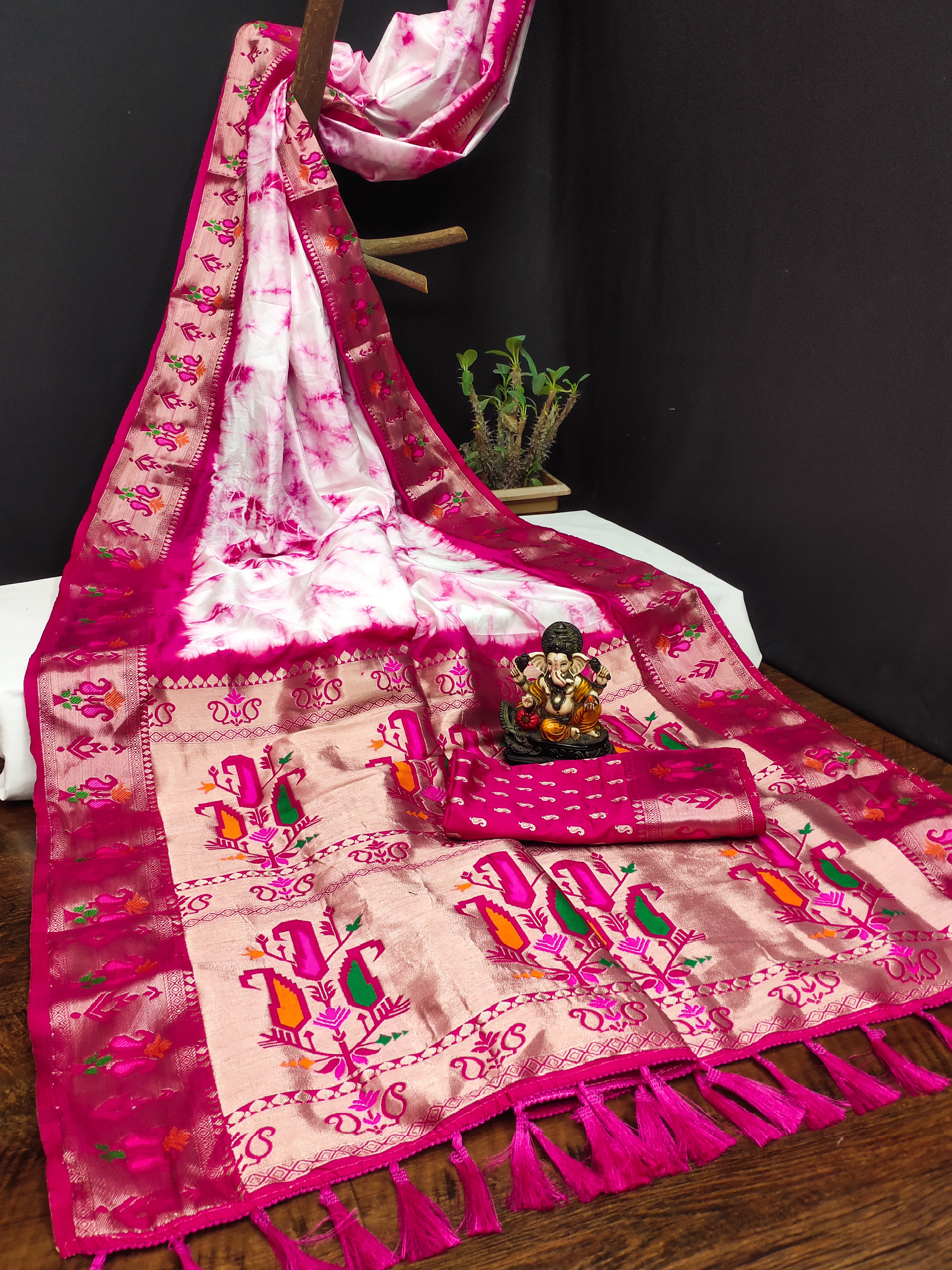 Paithani Silk Sibori Tie-Dye Saree with Minakari Border
