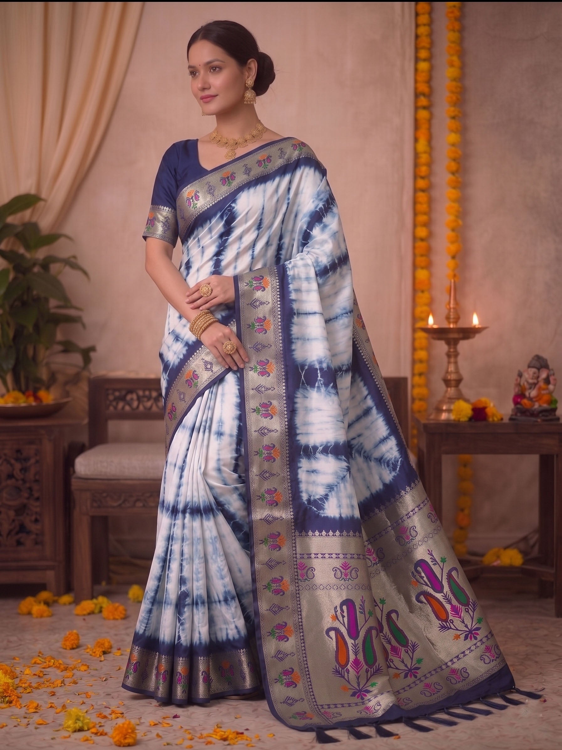 Paithani Silk Sibori Tie-Dye Saree with Minakari Border