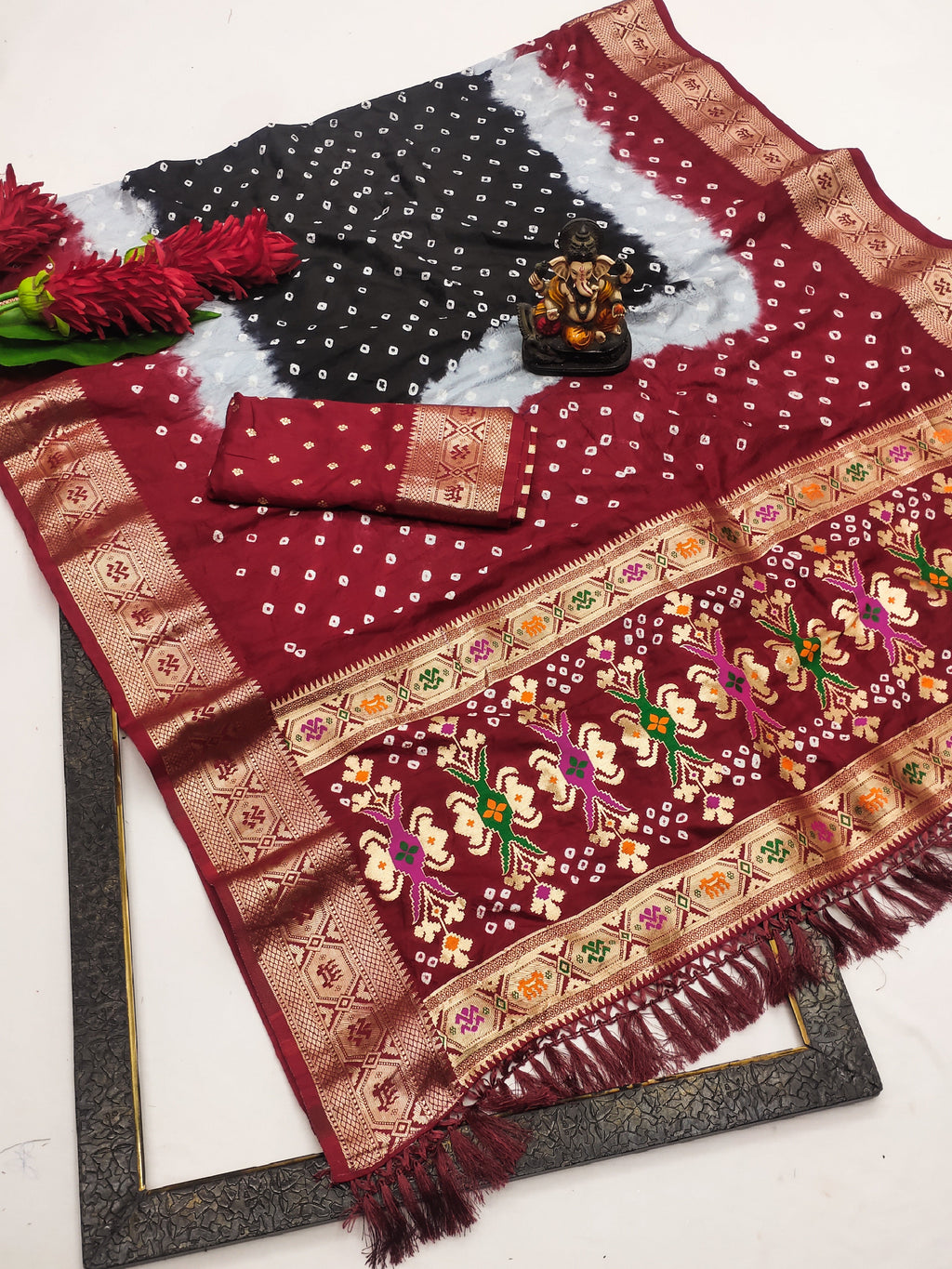 Soft Silk Multicolour Bandhej Saree with Woven Border