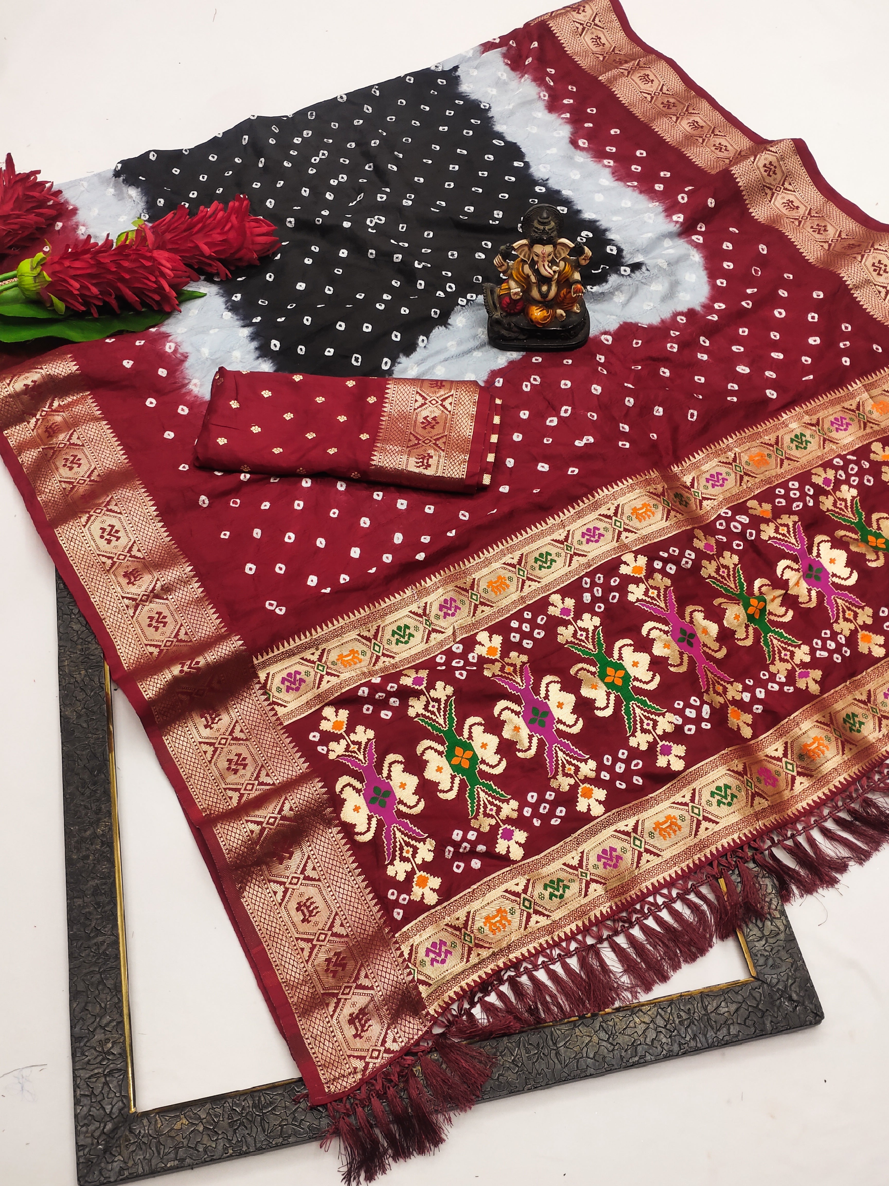 Soft Silk Multicolour Bandhej Saree with Woven Border