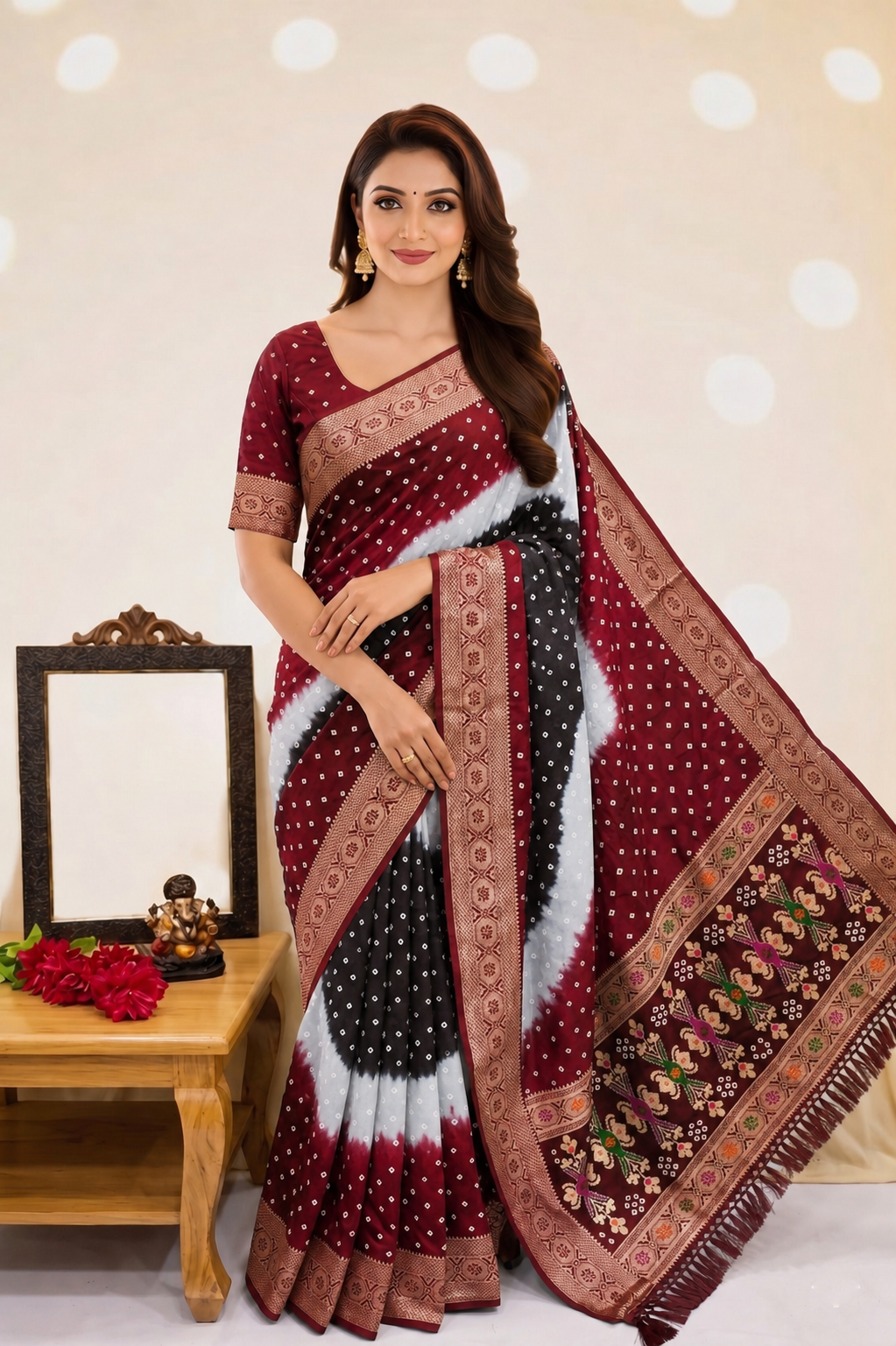 Soft Silk Multicolour Bandhej Saree with Woven Border