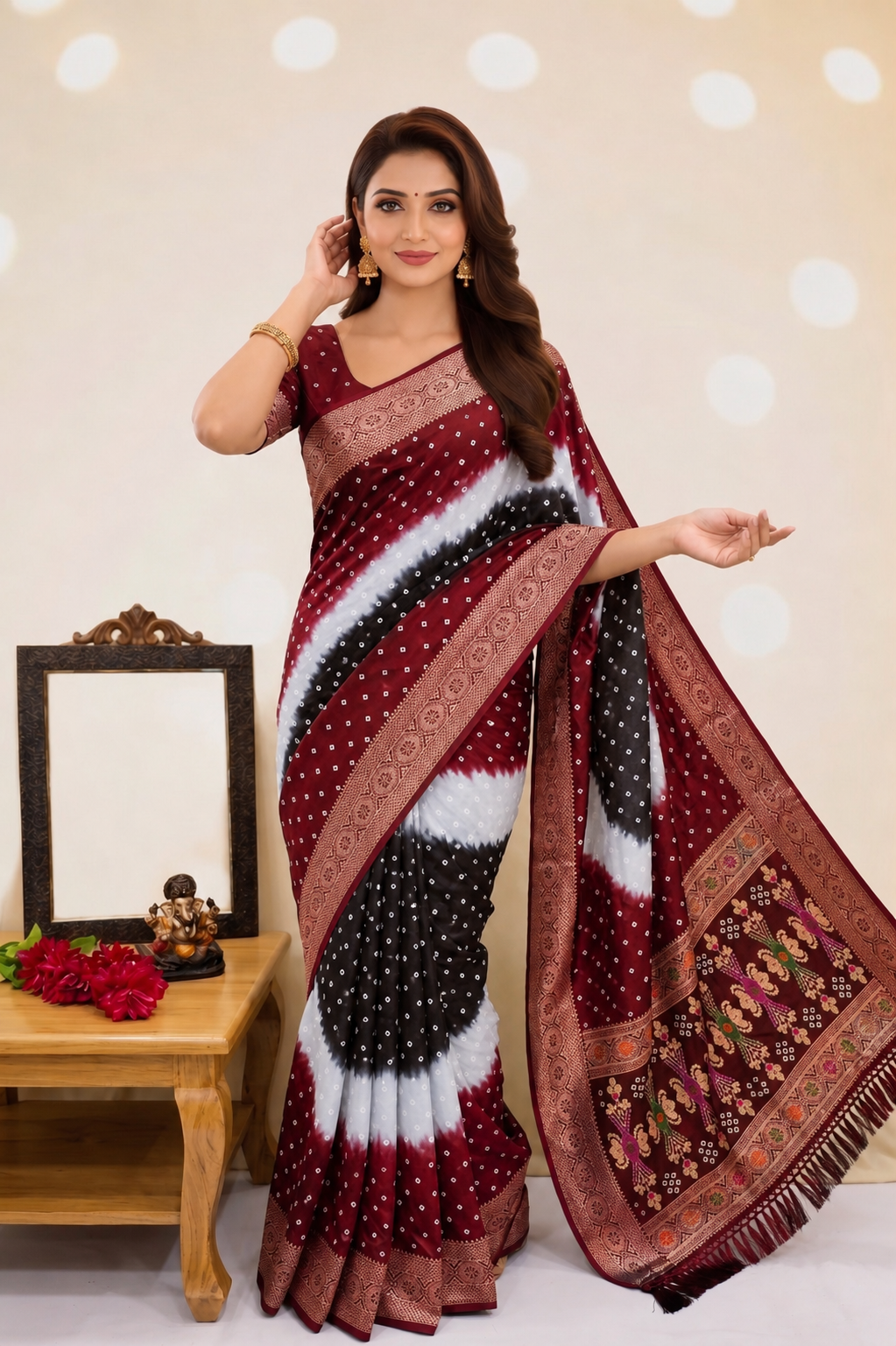 Soft Silk Multicolour Bandhej Saree with Woven Border