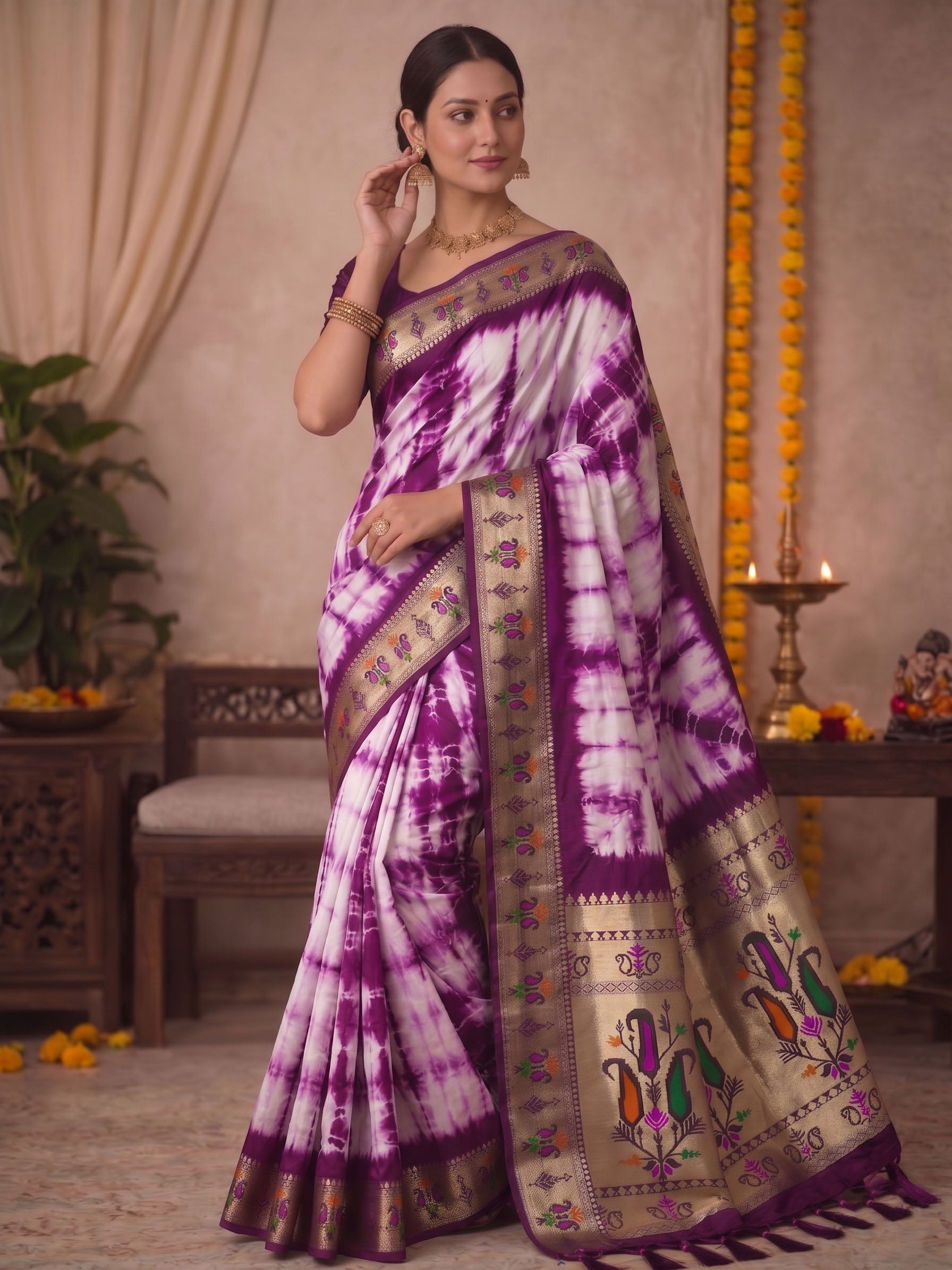 Paithani Silk Sibori Tie-Dye Saree with Minakari Border