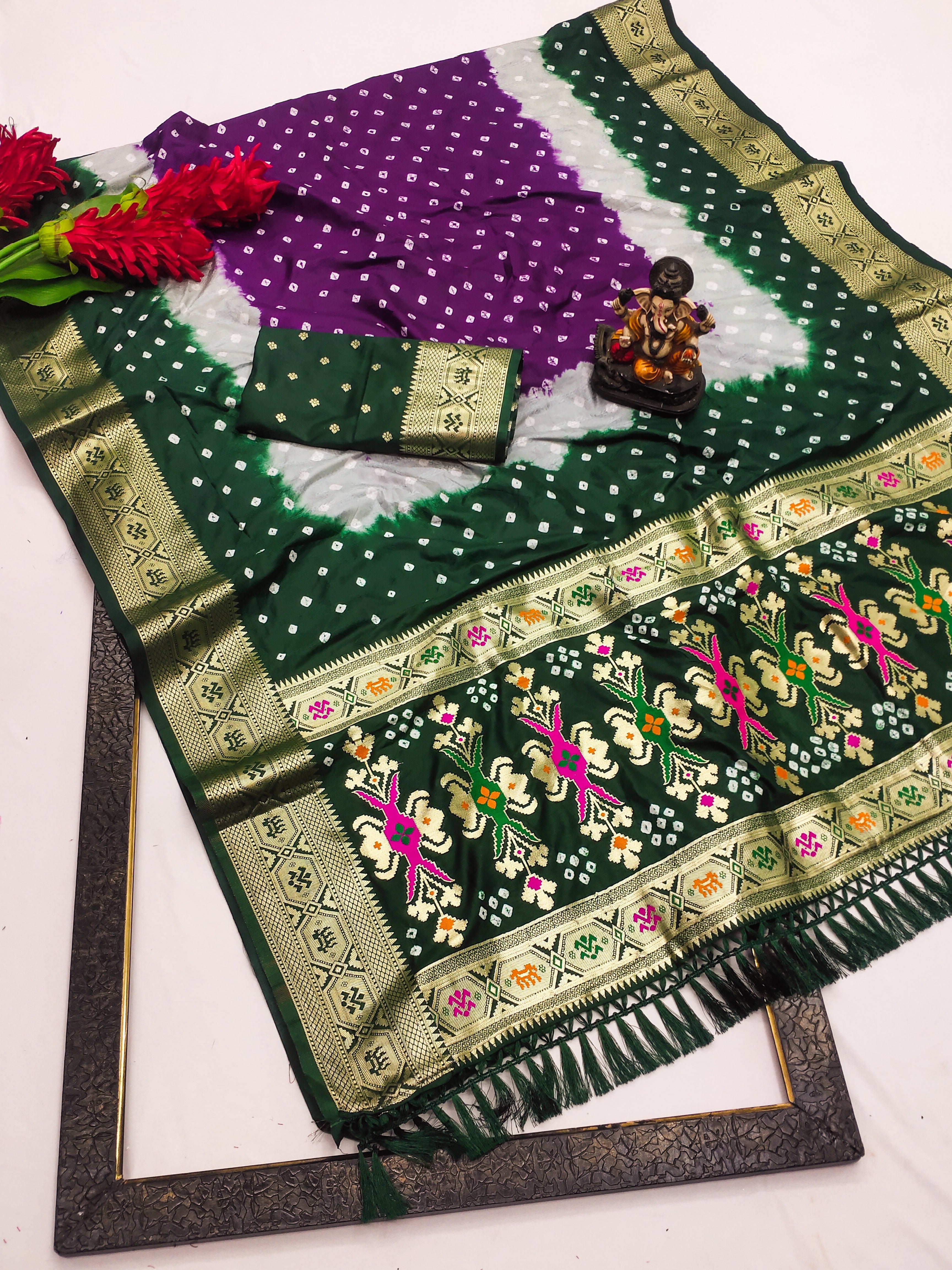 Soft Silk Multicolour Bandhej Saree with Woven Border