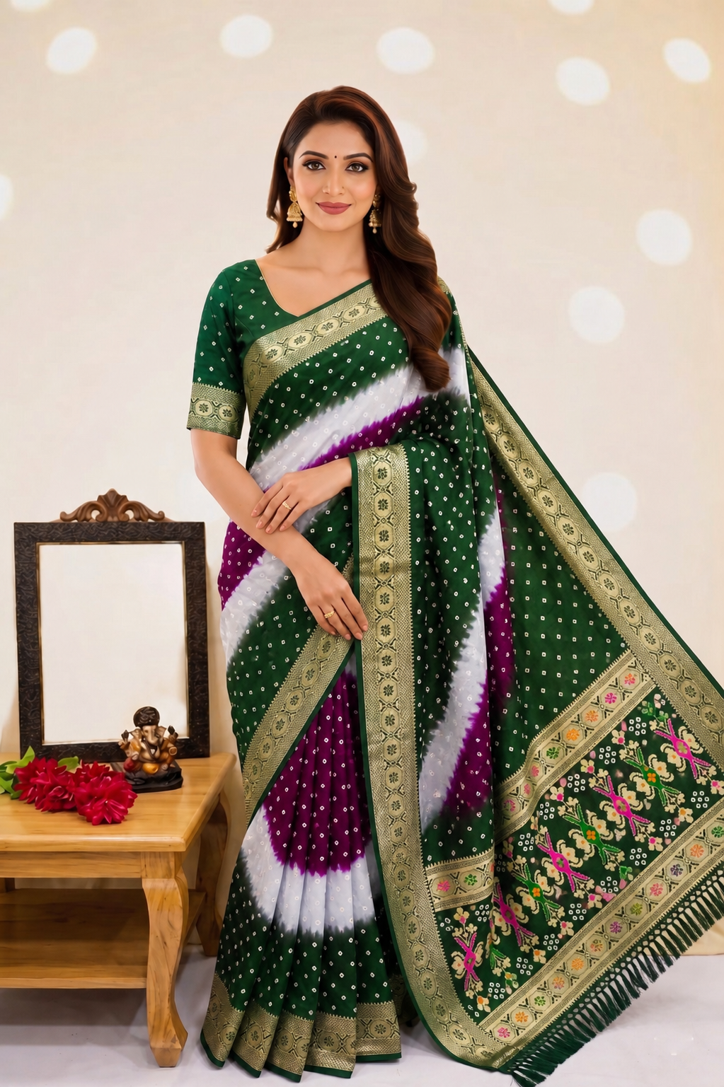 Soft Silk Multicolour Bandhej Saree with Woven Border
