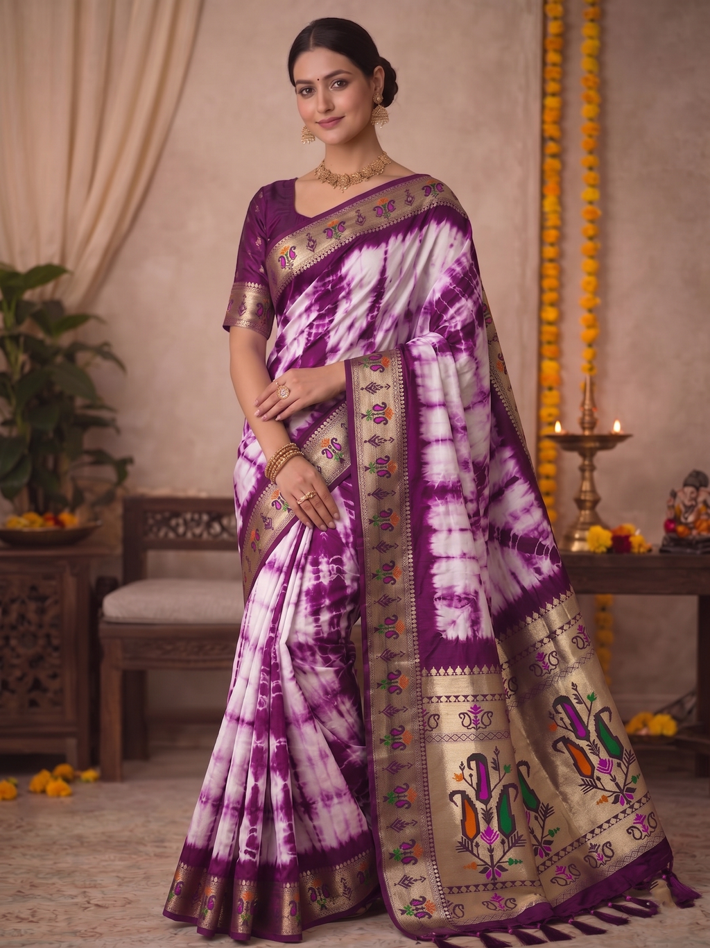 Paithani Silk Sibori Tie-Dye Saree with Minakari Border