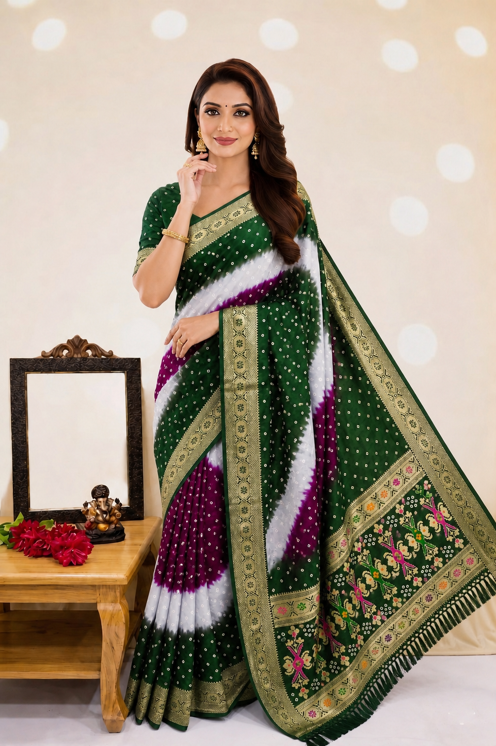 Soft Silk Multicolour Bandhej Saree with Woven Border