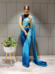 Elegant Ready To Wear Double Tone Sky Blue Satin Saree