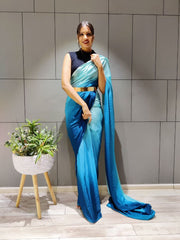 Elegant Ready To Wear Double Tone Sky Blue Satin Saree