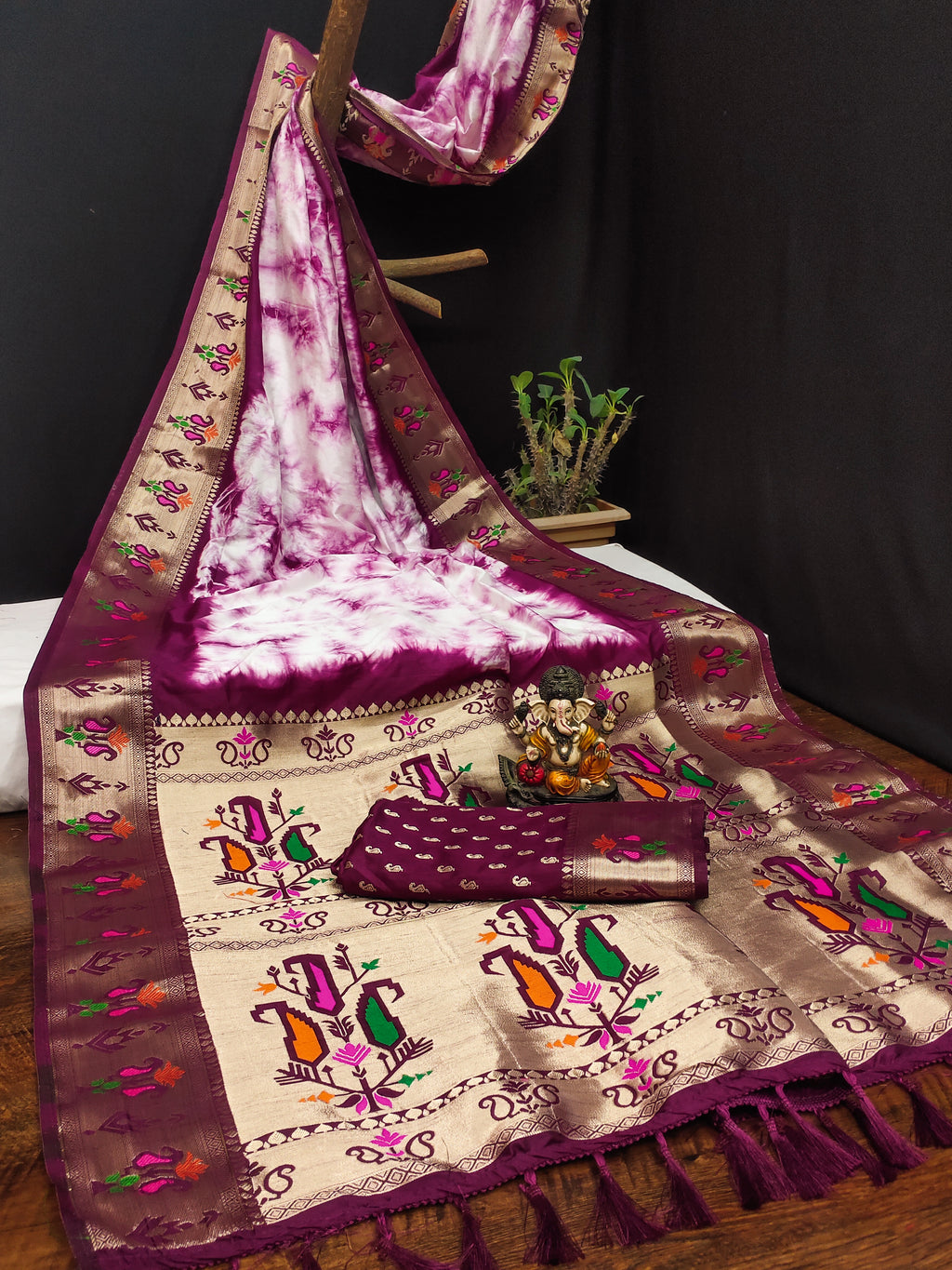 Paithani Silk Sibori Tie-Dye Saree with Minakari Border