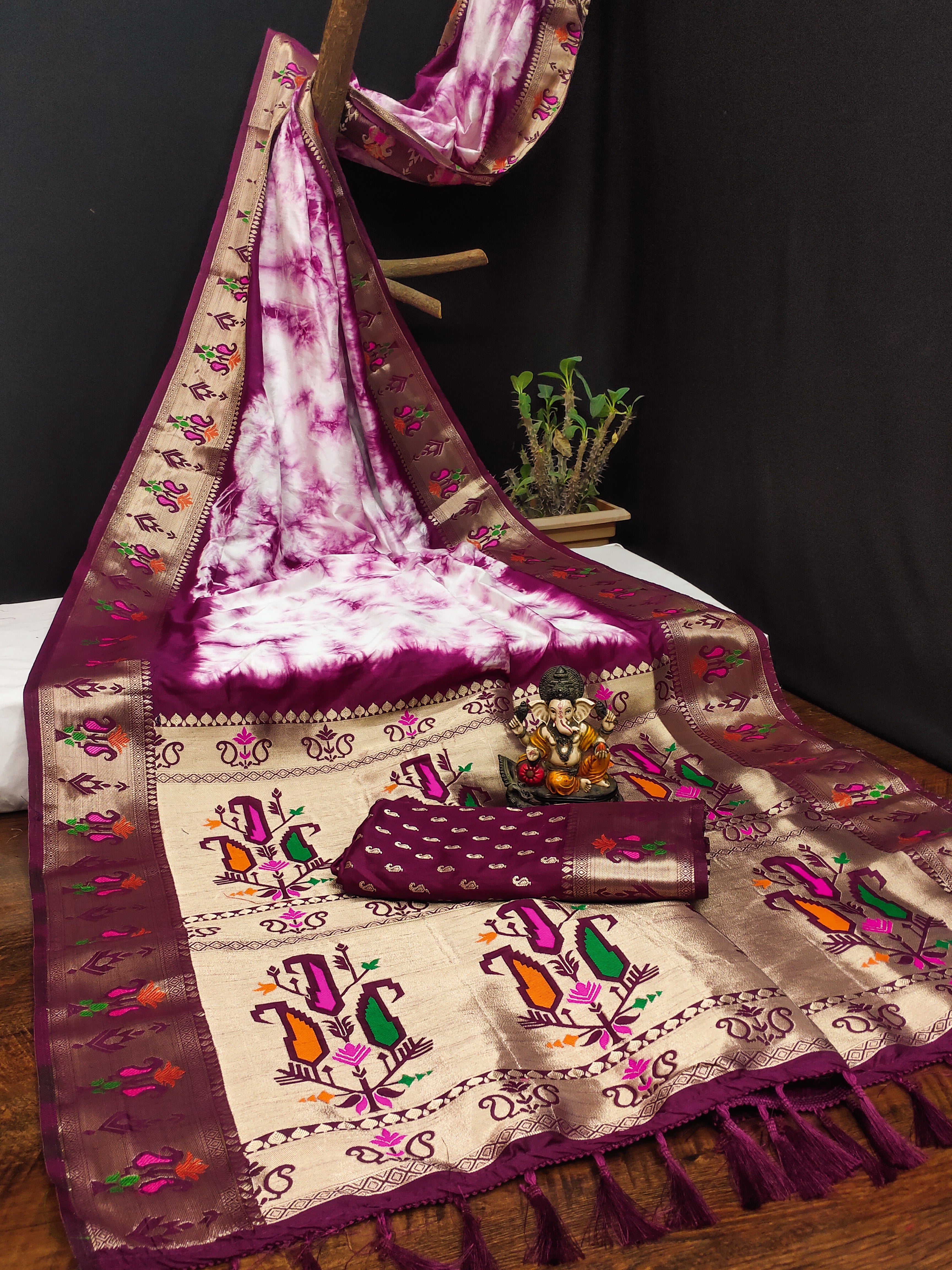 Paithani Silk Sibori Tie-Dye Saree with Minakari Border