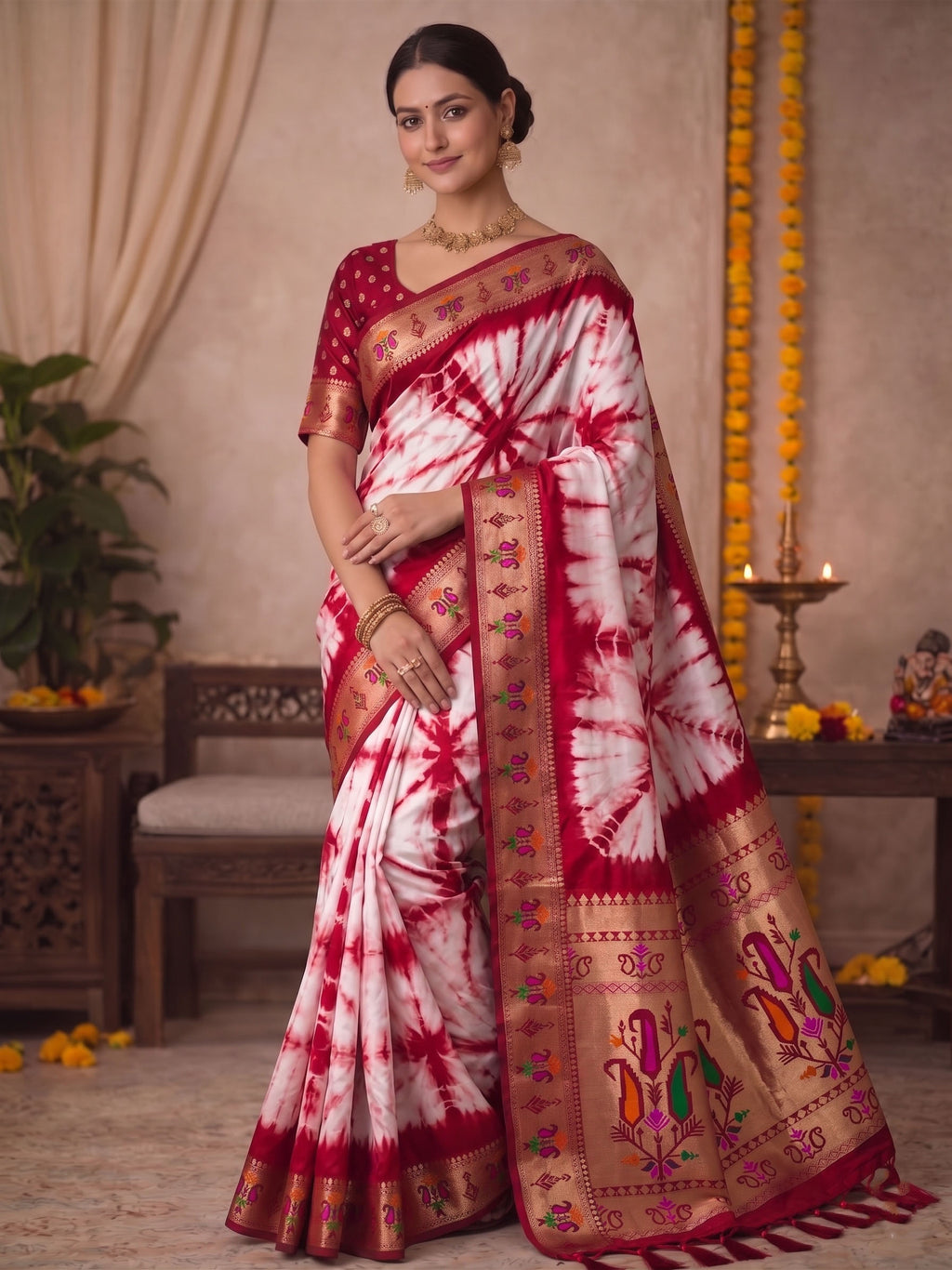 Paithani Silk Sibori Tie-Dye Saree with Minakari Border