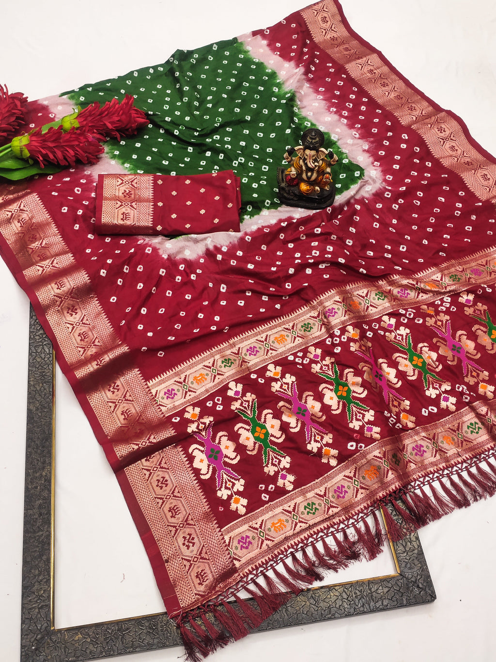 Soft Silk Multicolour Bandhej Saree with Woven Border