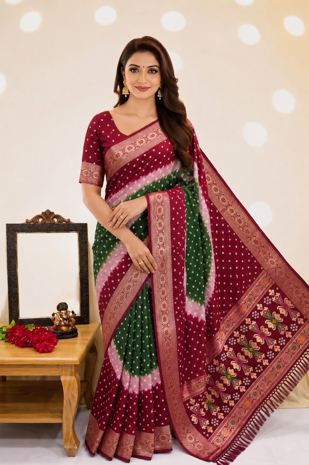 Soft Silk Multicolour Bandhej Saree with Woven Border