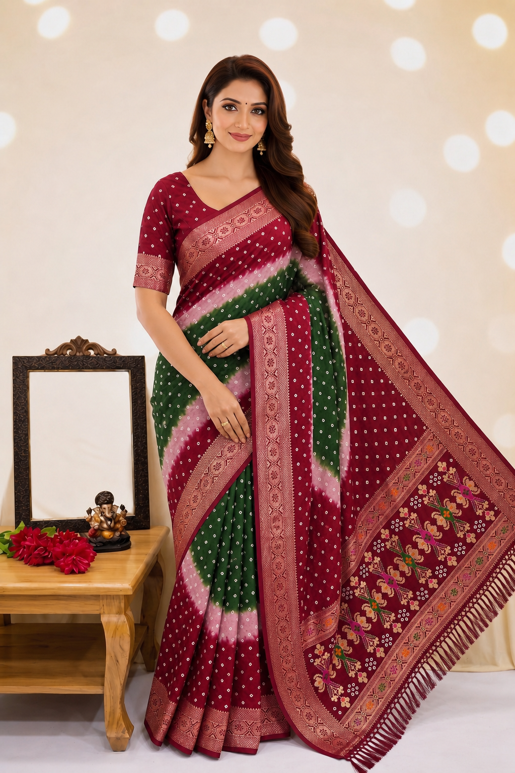 Soft Silk Multicolour Bandhej Saree with Woven Border