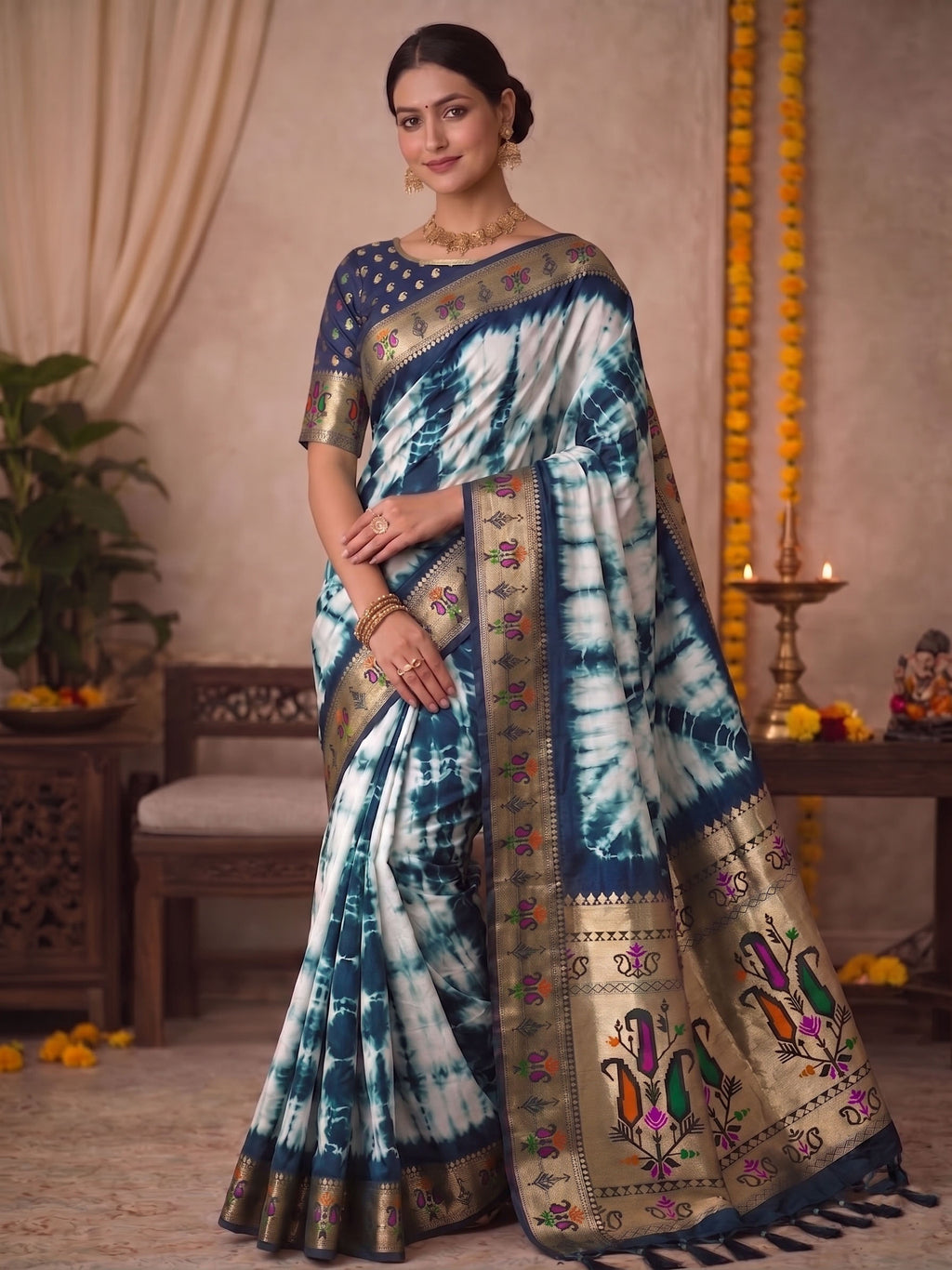 Paithani Silk Sibori Tie-Dye Saree with Minakari Border