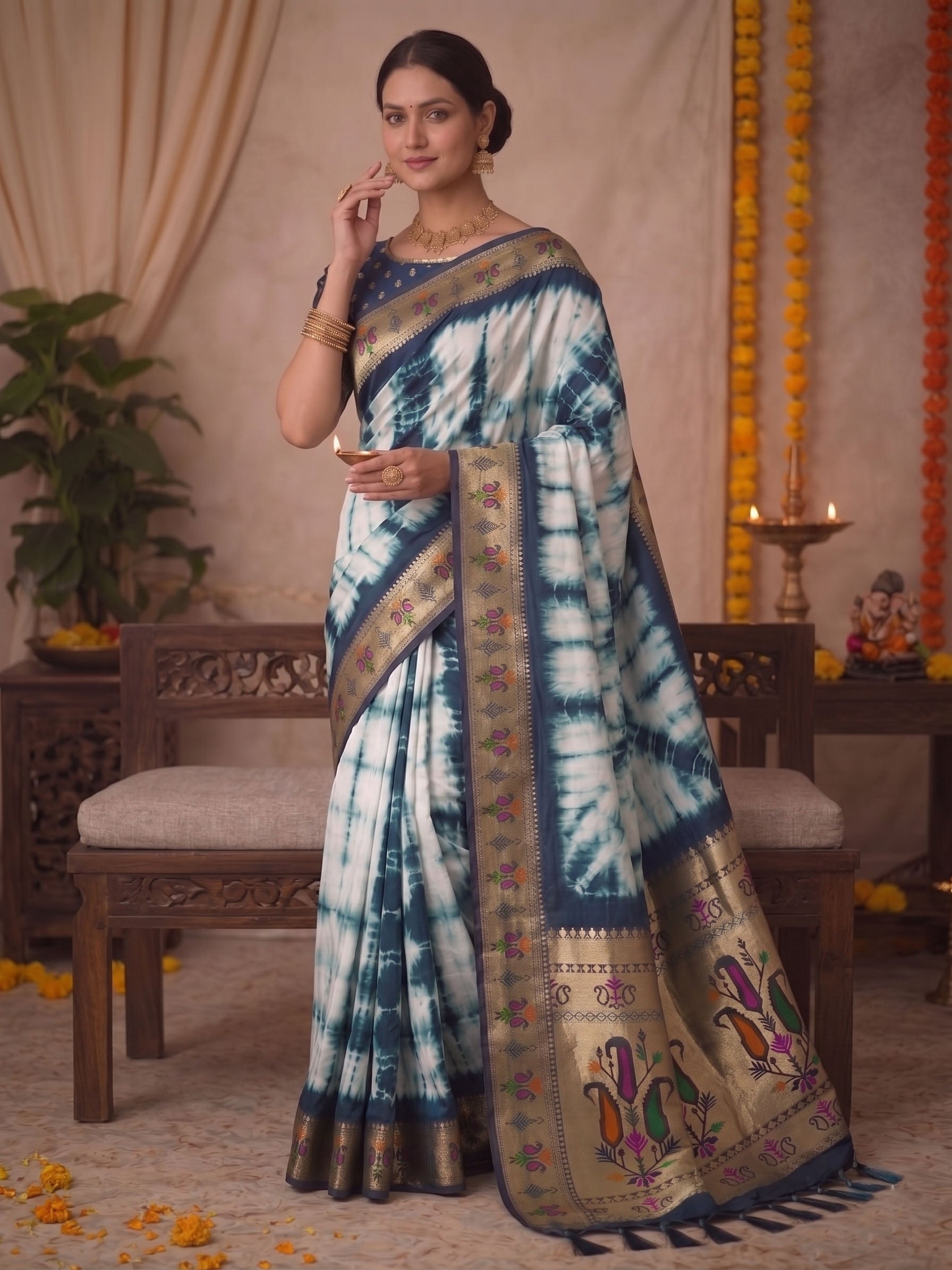 Paithani Silk Sibori Tie-Dye Saree with Minakari Border
