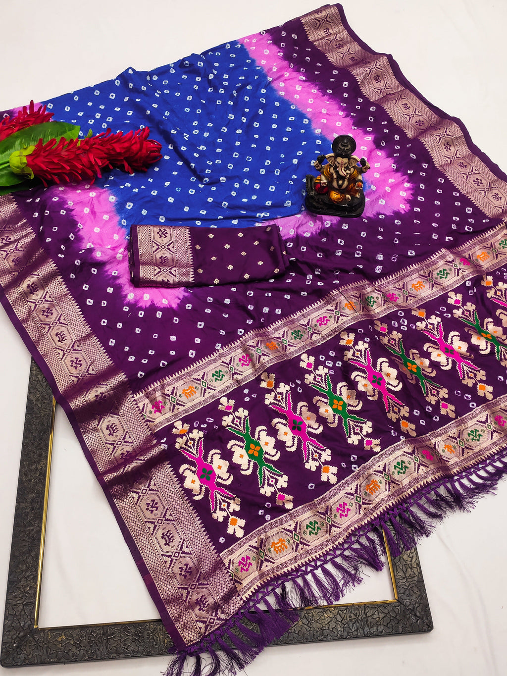 Soft Silk Multicolour Bandhej Saree with Woven Border
